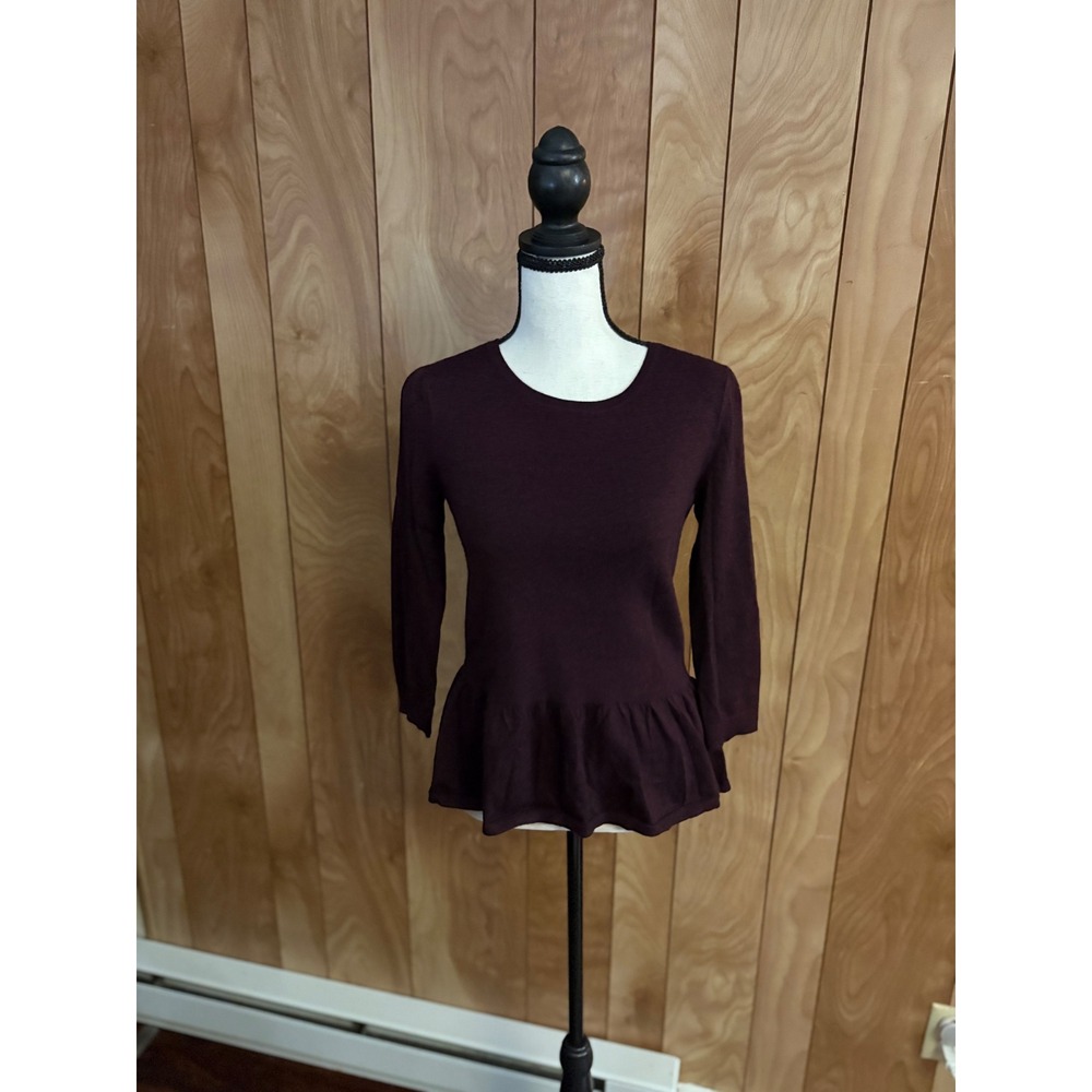 LOFT Ann Taylor Burgundy Wool Blend Peplum Sweater 3/4 Sleeve Zipper Back Small